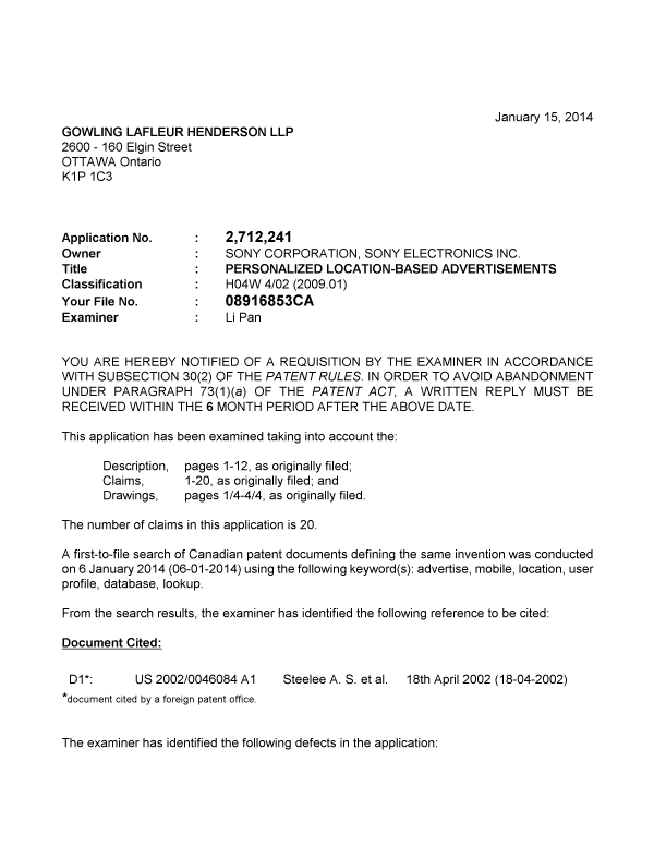 Canadian Patent Document 2712241. Prosecution-Amendment 20140115. Image 1 of 3