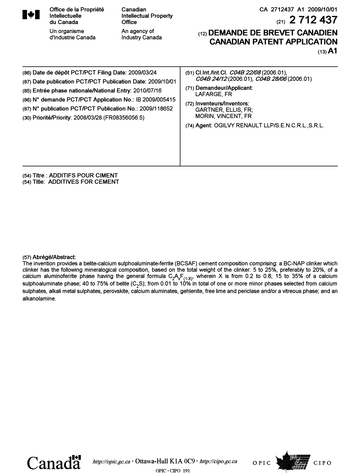 Canadian Patent Document 2712437. Cover Page 20101020. Image 1 of 1
