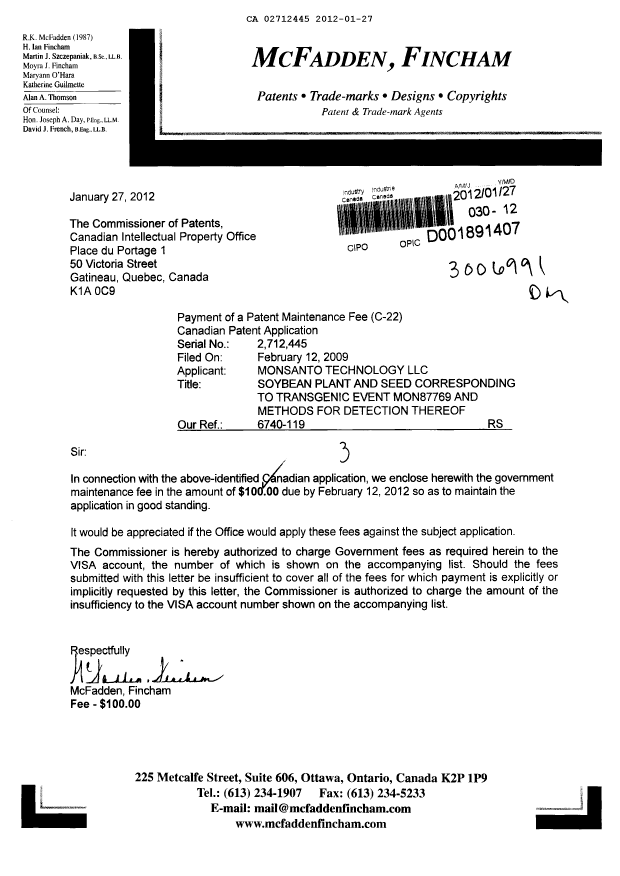 Document de brevet canadien 2712445. Taxes 20111227. Image 1 de 1