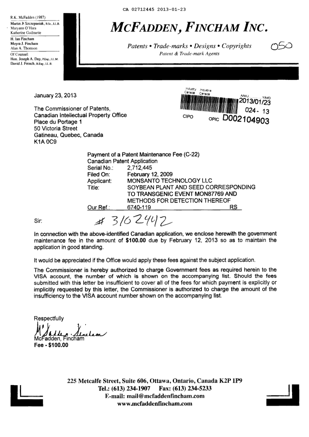 Document de brevet canadien 2712445. Taxes 20121223. Image 1 de 1