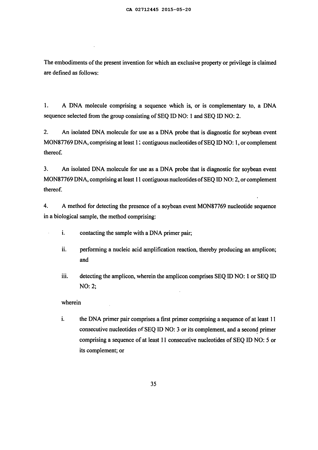 Document de brevet canadien 2712445. Revendications 20141220. Image 1 de 7