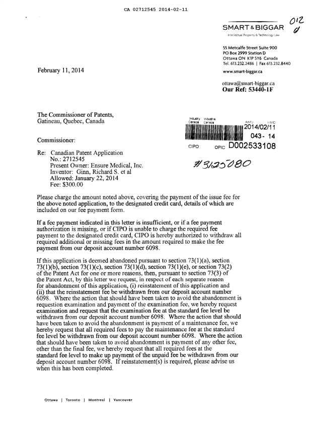 Document de brevet canadien 2712545. Correspondance 20140211. Image 1 de 2