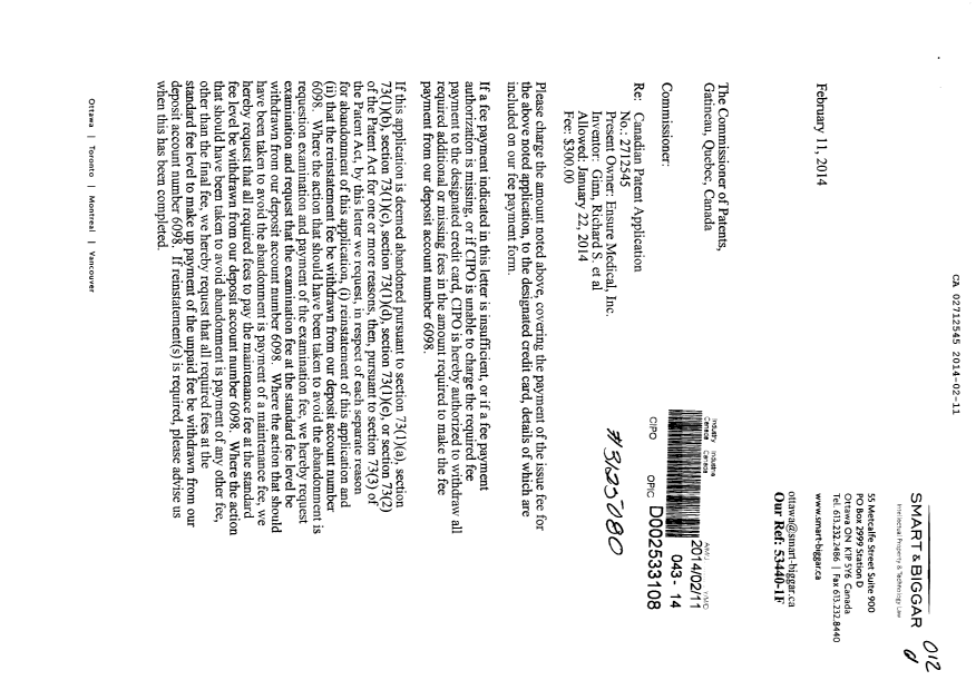 Canadian Patent Document 2712545. Correspondence 20140211. Image 1 of 2