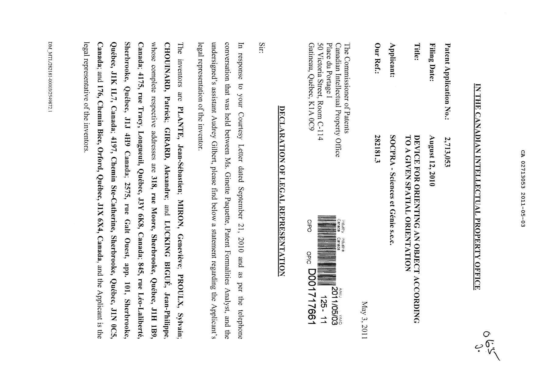 Canadian Patent Document 2713053. Correspondence 20101203. Image 1 of 2