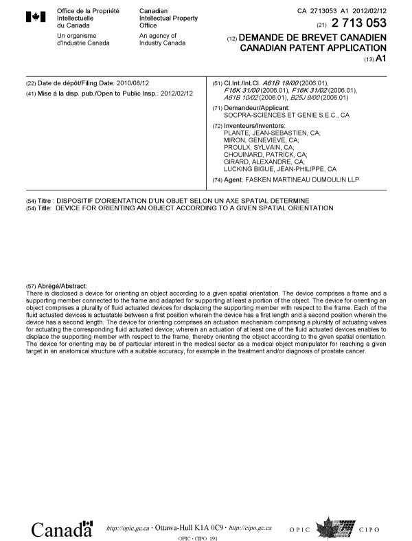 Canadian Patent Document 2713053. Cover Page 20111207. Image 1 of 1