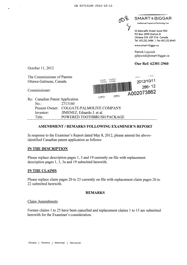 Canadian Patent Document 2713160. Prosecution-Amendment 20121011. Image 1 of 10