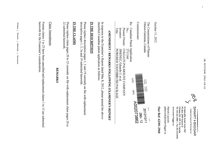Canadian Patent Document 2713160. Prosecution-Amendment 20121011. Image 1 of 10