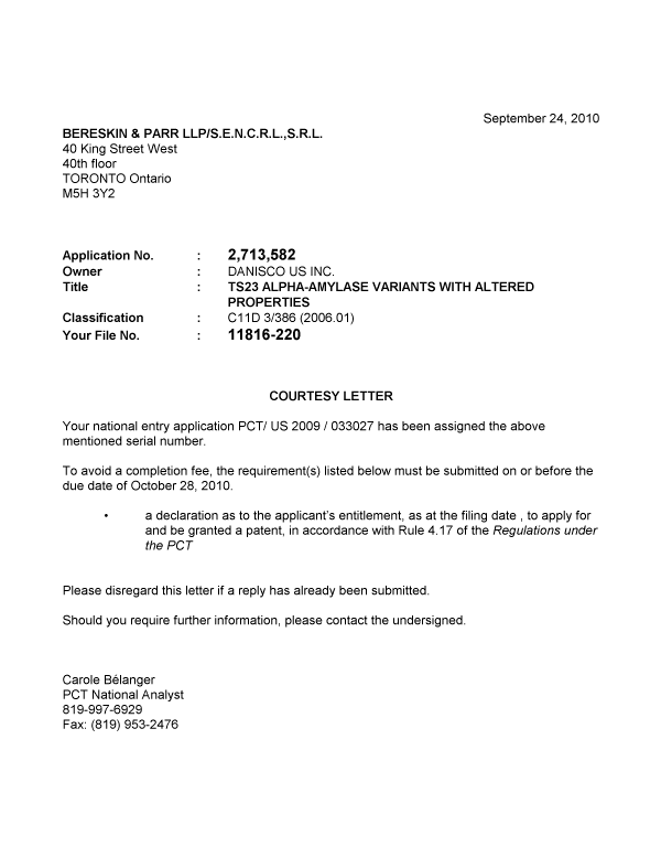 Canadian Patent Document 2713582. Correspondence 20091224. Image 1 of 1