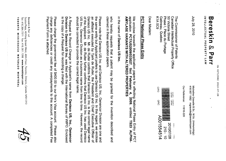 Document de brevet canadien 2713582. Cession 20100728. Image 1 de 6