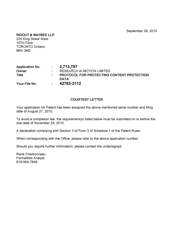 Document de brevet canadien 2713787. Correspondance 20091223. Image 1 de 1