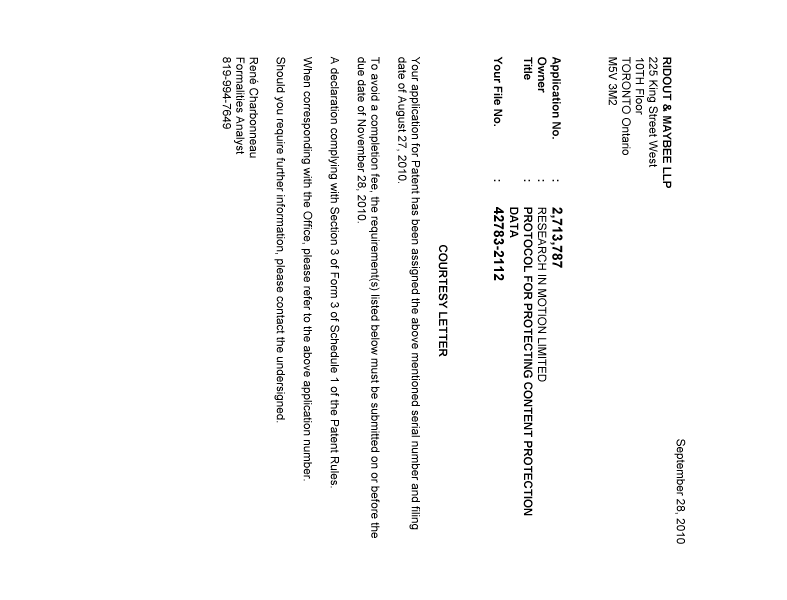 Canadian Patent Document 2713787. Correspondence 20091223. Image 1 of 1