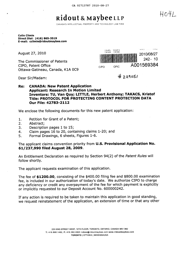 Document de brevet canadien 2713787. Cession 20091227. Image 1 de 4