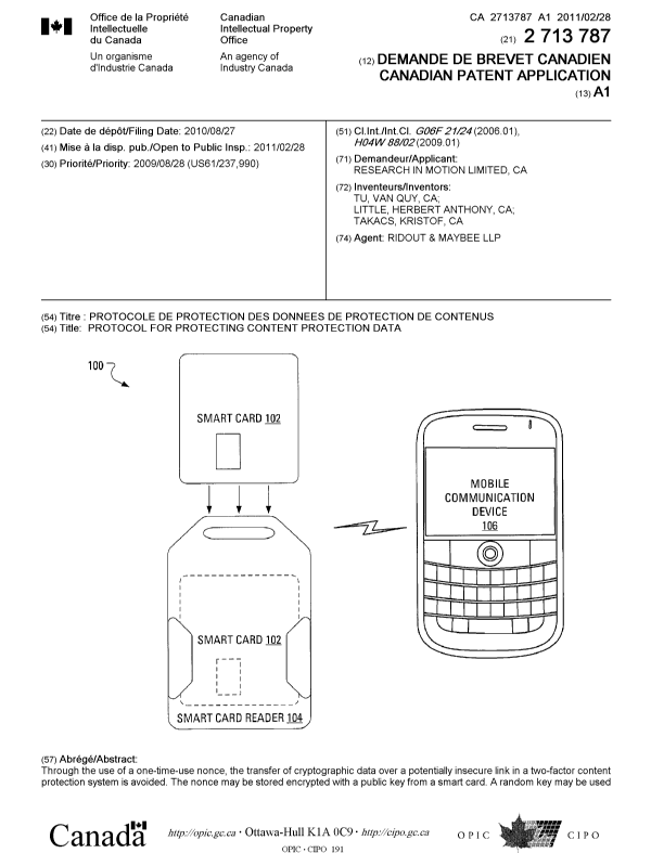 Document de brevet canadien 2713787. Page couverture 20101201. Image 1 de 2