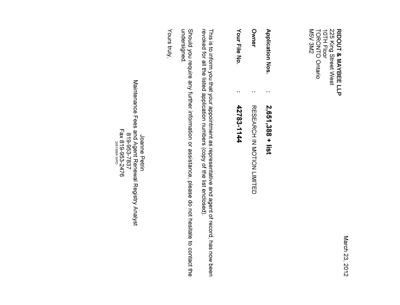 Document de brevet canadien 2713787. Correspondance 20111223. Image 1 de 1