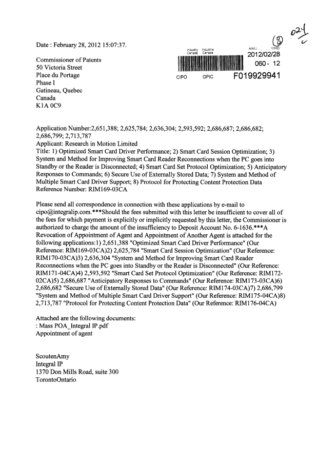 Document de brevet canadien 2713787. Correspondance 20111228. Image 1 de 4
