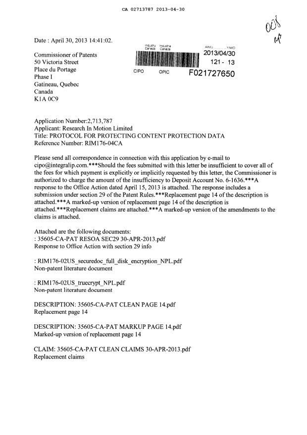 Canadian Patent Document 2713787. Prosecution-Amendment 20121230. Image 1 of 23