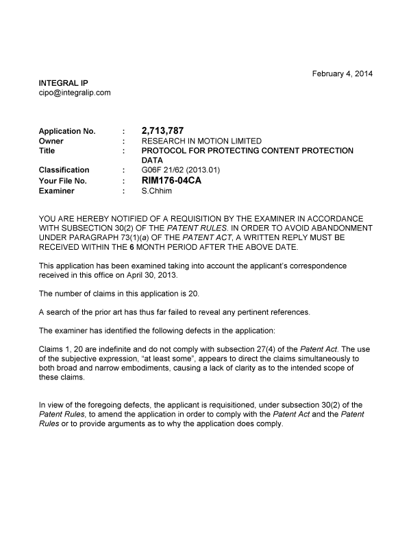Document de brevet canadien 2713787. Poursuite-Amendment 20131204. Image 1 de 2