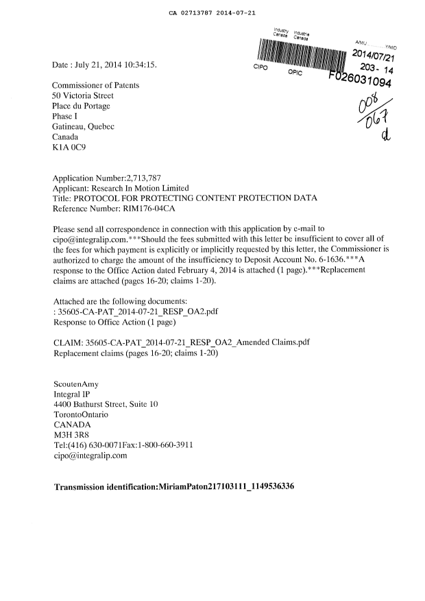 Canadian Patent Document 2713787. Prosecution-Amendment 20131221. Image 1 of 7