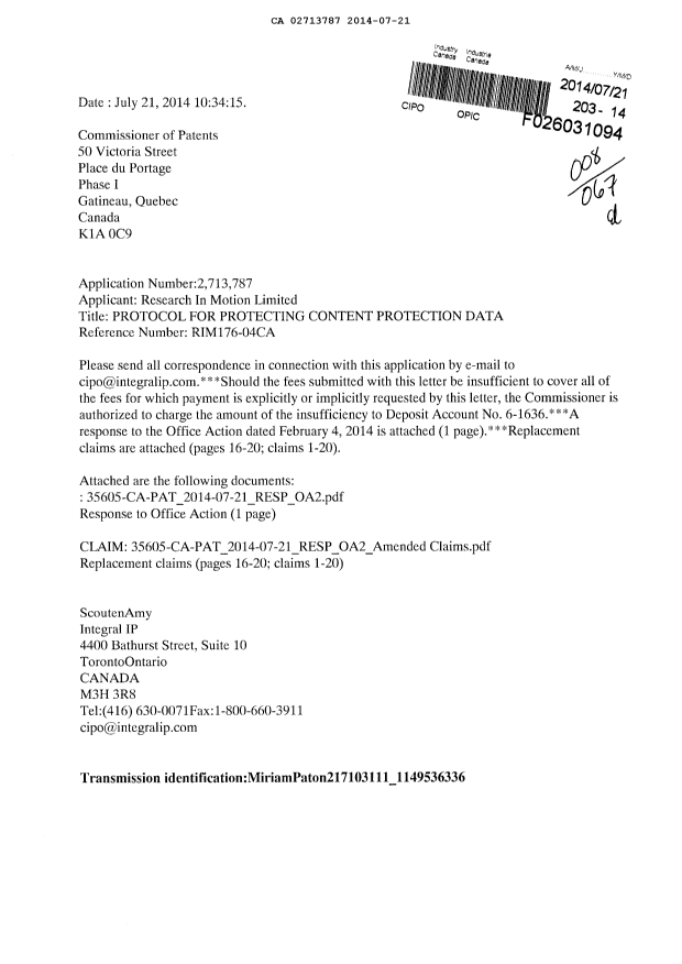 Canadian Patent Document 2713787. Correspondence 20131221. Image 1 of 7