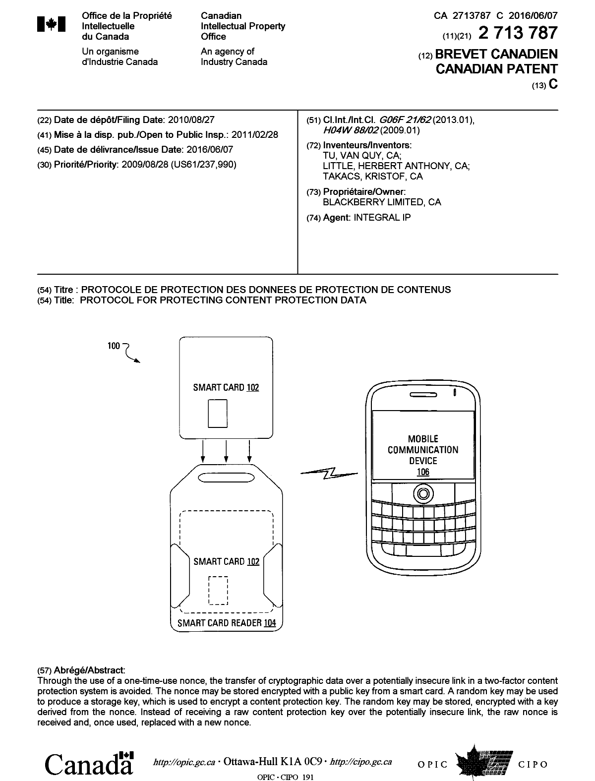 Document de brevet canadien 2713787. Page couverture 20151214. Image 1 de 1