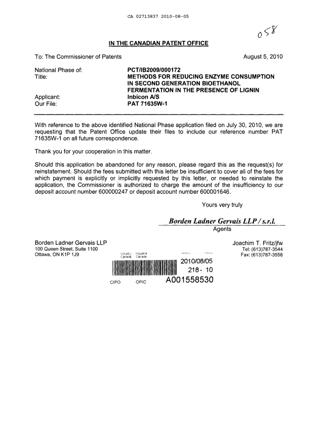 Document de brevet canadien 2713837. Correspondance 20091205. Image 1 de 1
