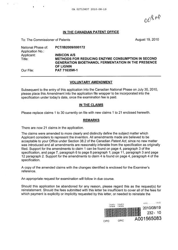 Canadian Patent Document 2713837. Prosecution-Amendment 20091219. Image 1 of 9