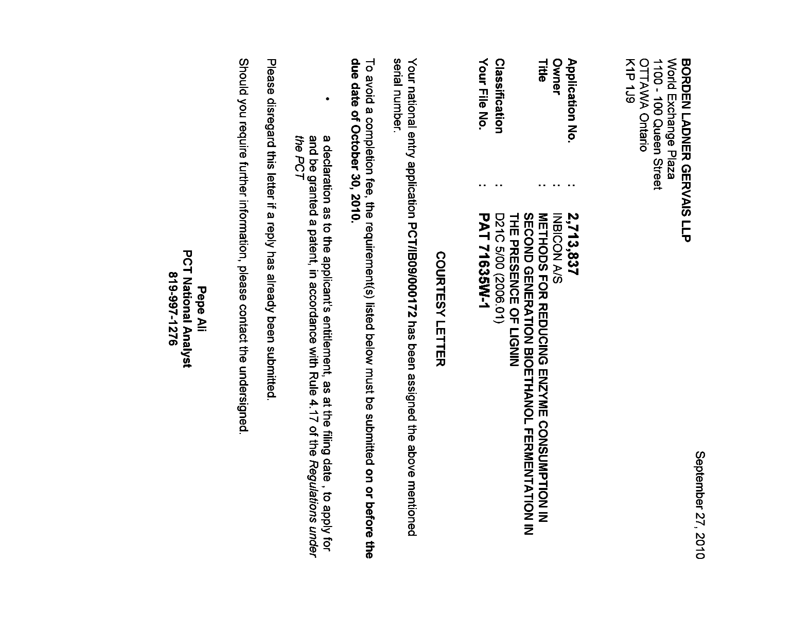 Document de brevet canadien 2713837. Correspondance 20091227. Image 1 de 1