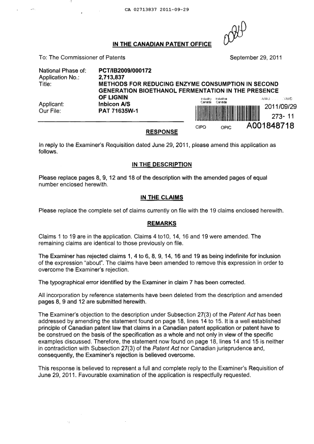 Canadian Patent Document 2713837. Prosecution-Amendment 20101229. Image 1 of 9