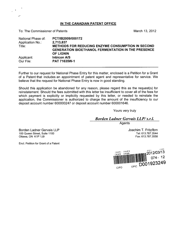 Document de brevet canadien 2713837. Correspondance 20111213. Image 1 de 3