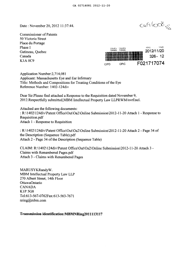 Canadian Patent Document 2714081. Prosecution-Amendment 20121120. Image 1 of 9