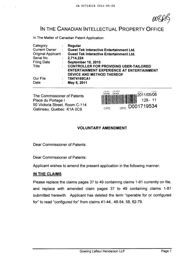 Canadian Patent Document 2714224. Prosecution-Amendment 20110506. Image 1 of 15