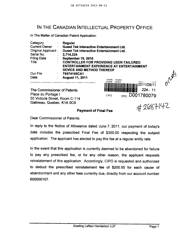 Document de brevet canadien 2714224. Correspondance 20110811. Image 1 de 2