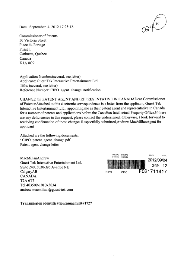 Document de brevet canadien 2714224. Correspondance 20120904. Image 1 de 3