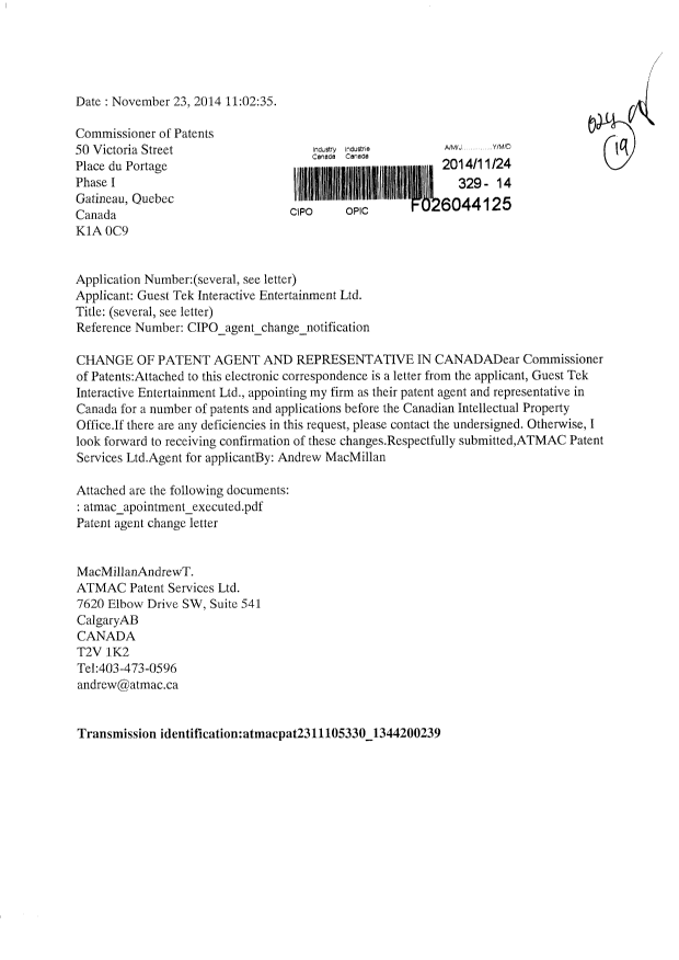 Canadian Patent Document 2714224. Correspondence 20141124. Image 1 of 3