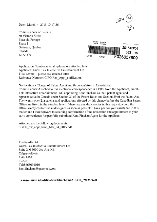 Document de brevet canadien 2714224. Correspondance 20150304. Image 1 de 4