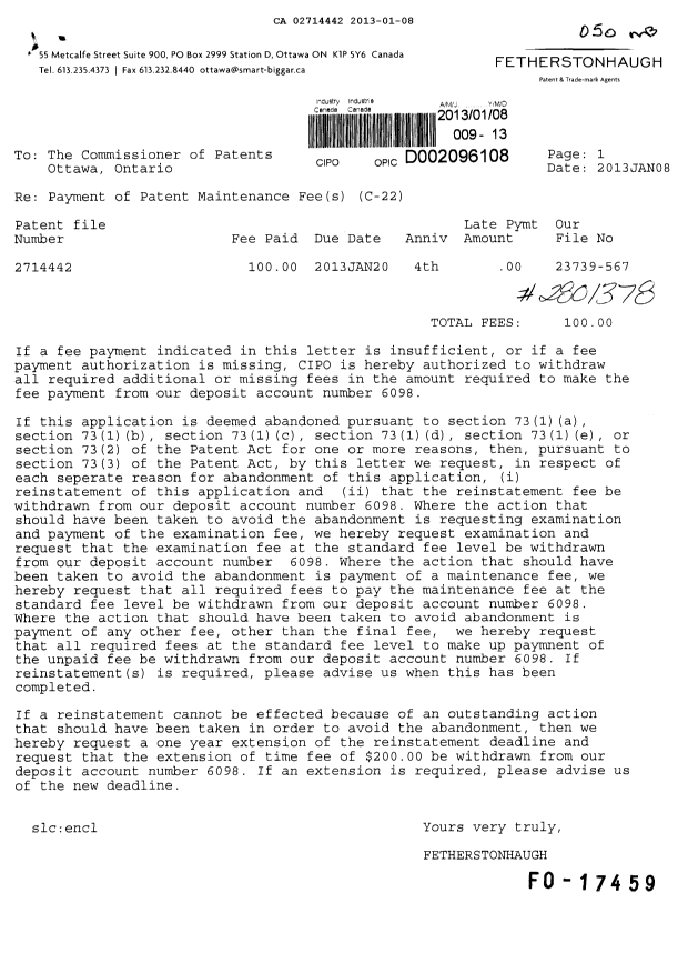 Document de brevet canadien 2714442. Taxes 20130108. Image 1 de 1