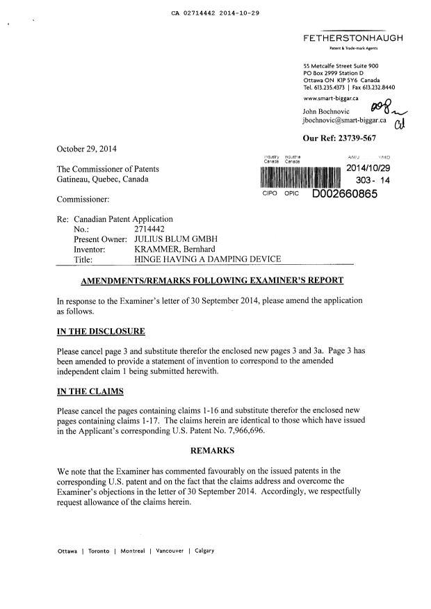 Document de brevet canadien 2714442. Poursuite-Amendment 20141029. Image 1 de 7