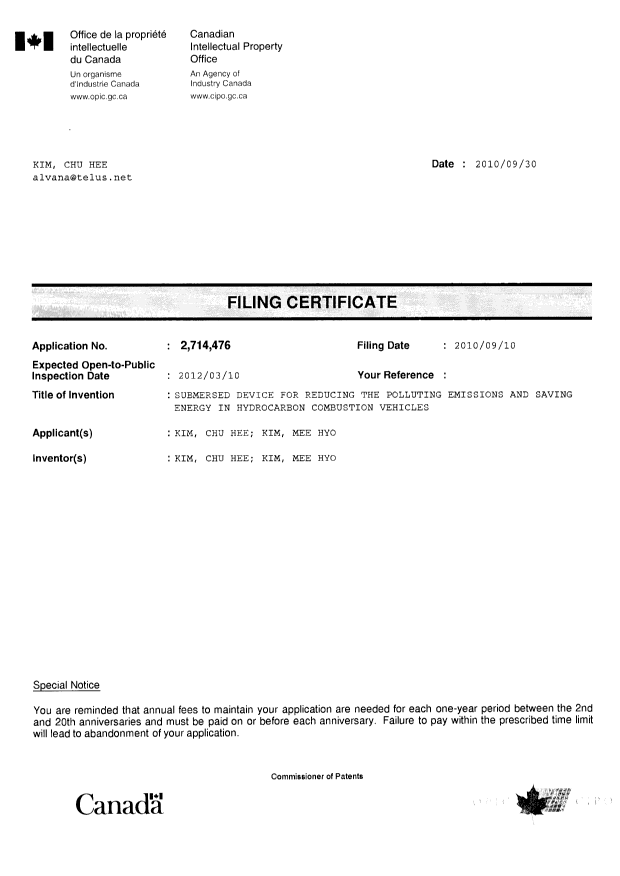 Document de brevet canadien 2714476. Correspondance 20091230. Image 1 de 1