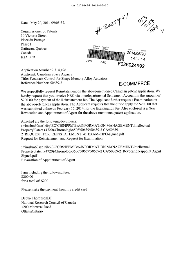 Document de brevet canadien 2714496. Correspondance 20140520. Image 1 de 4