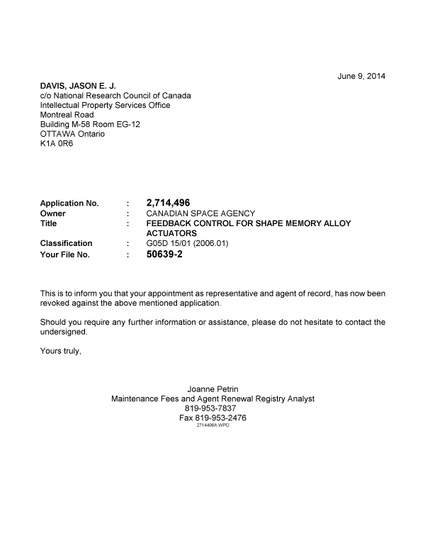 Document de brevet canadien 2714496. Correspondance 20140609. Image 1 de 1