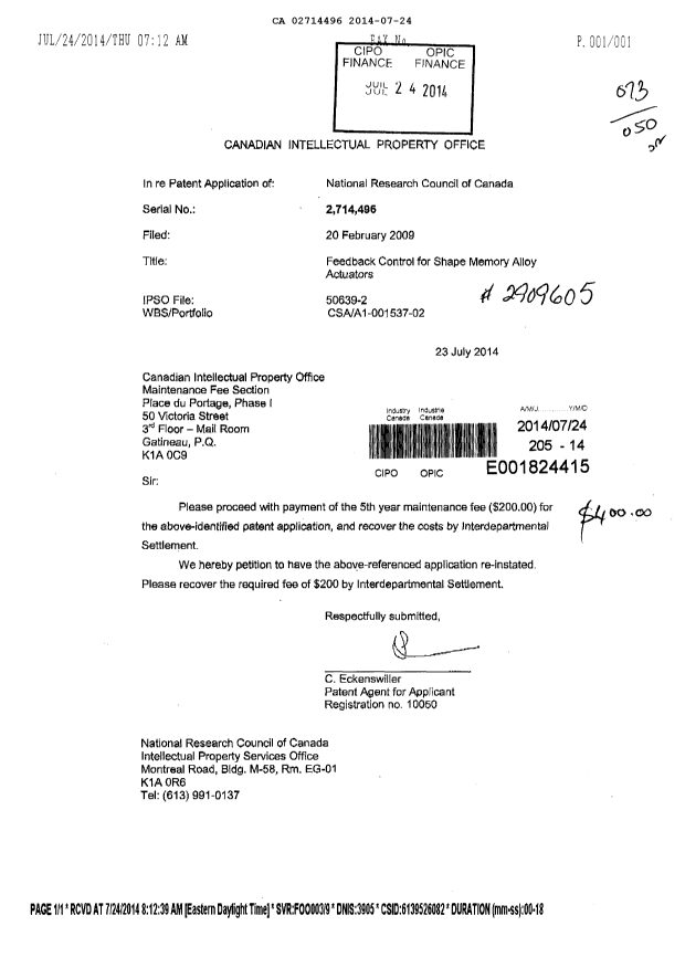Document de brevet canadien 2714496. Taxes 20140724. Image 1 de 1