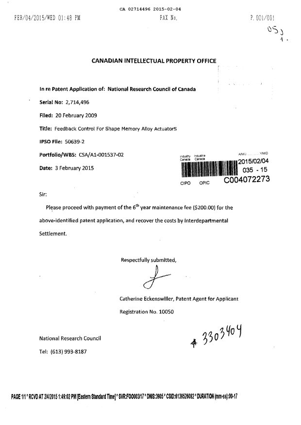 Document de brevet canadien 2714496. Taxes 20150204. Image 1 de 1