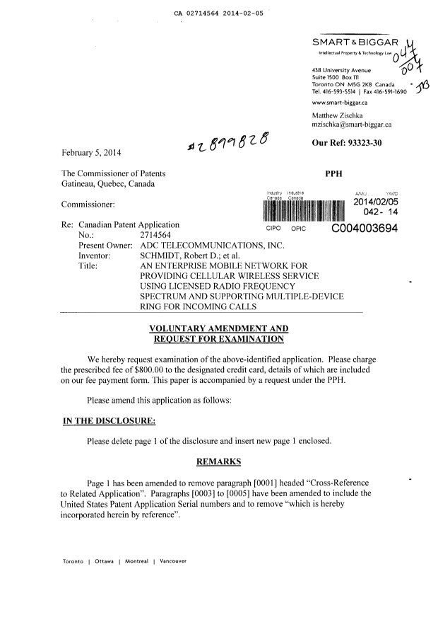 Canadian Patent Document 2714564. Prosecution-Amendment 20140205. Image 1 of 5