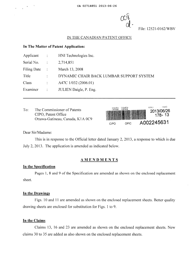 Canadian Patent Document 2714851. Prosecution-Amendment 20130626. Image 1 of 27