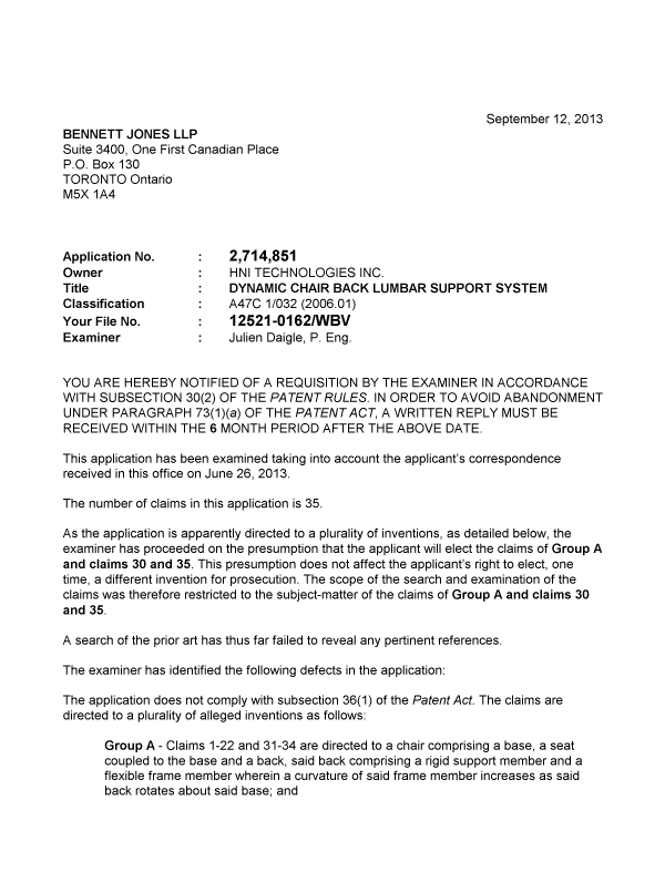 Document de brevet canadien 2714851. Poursuite-Amendment 20130912. Image 1 de 2