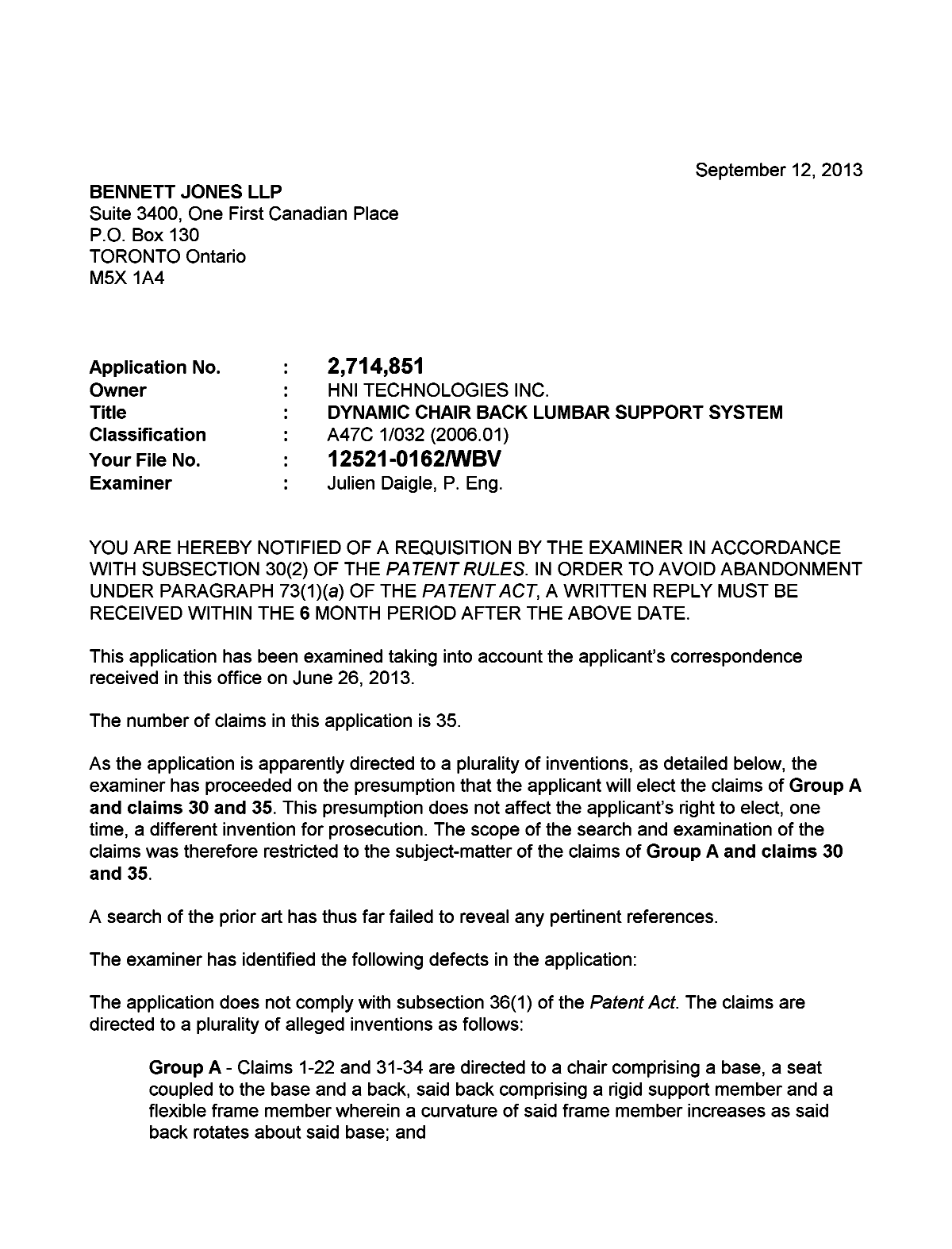 Canadian Patent Document 2714851. Prosecution-Amendment 20130912. Image 1 of 2