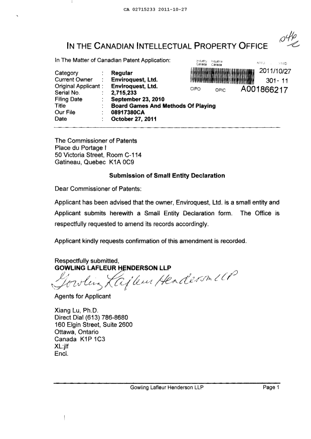 Canadian Patent Document 2715233. Correspondence 20101227. Image 1 of 2