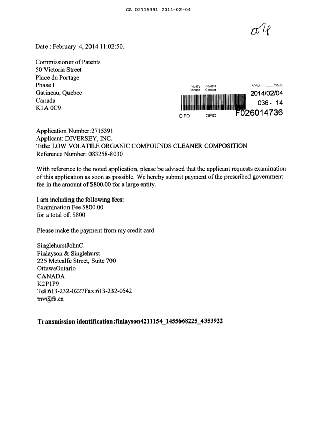 Document de brevet canadien 2715391. Poursuite-Amendment 20140204. Image 1 de 1