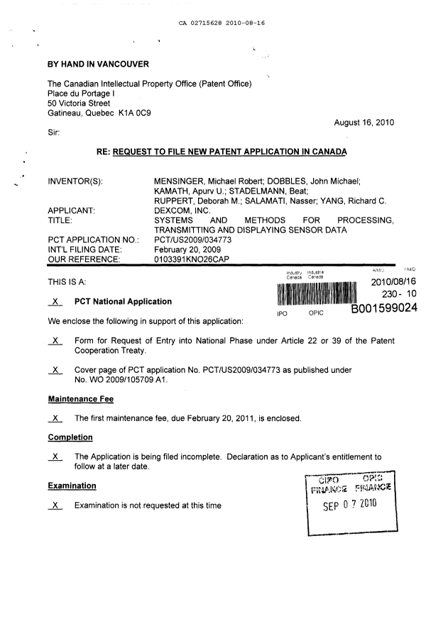 Canadian Patent Document 2715628. Assignment 20100816. Image 1 of 6