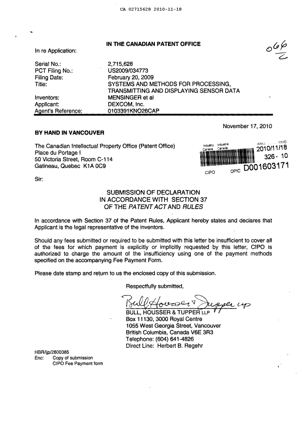 Document de brevet canadien 2715628. Correspondance 20101118. Image 1 de 1